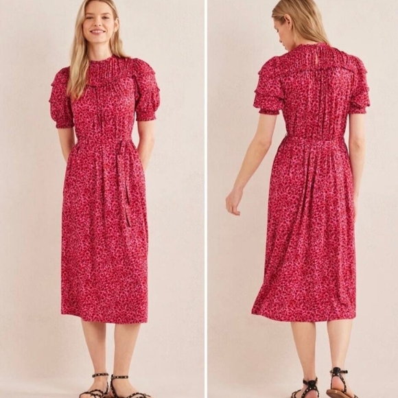 NWOT Boden Gin Fizz Pink & Red Ruffled Smocked Midi Dress - Picture 4 of 6